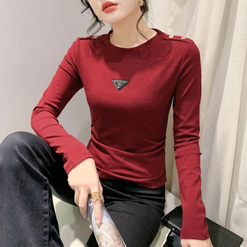 

#9147 Black Red Khaki Long Sleeve T Shirt Women Skinny Office Tshirt Female Diamonds Korean Style Stretch Women's T-shirt Spring