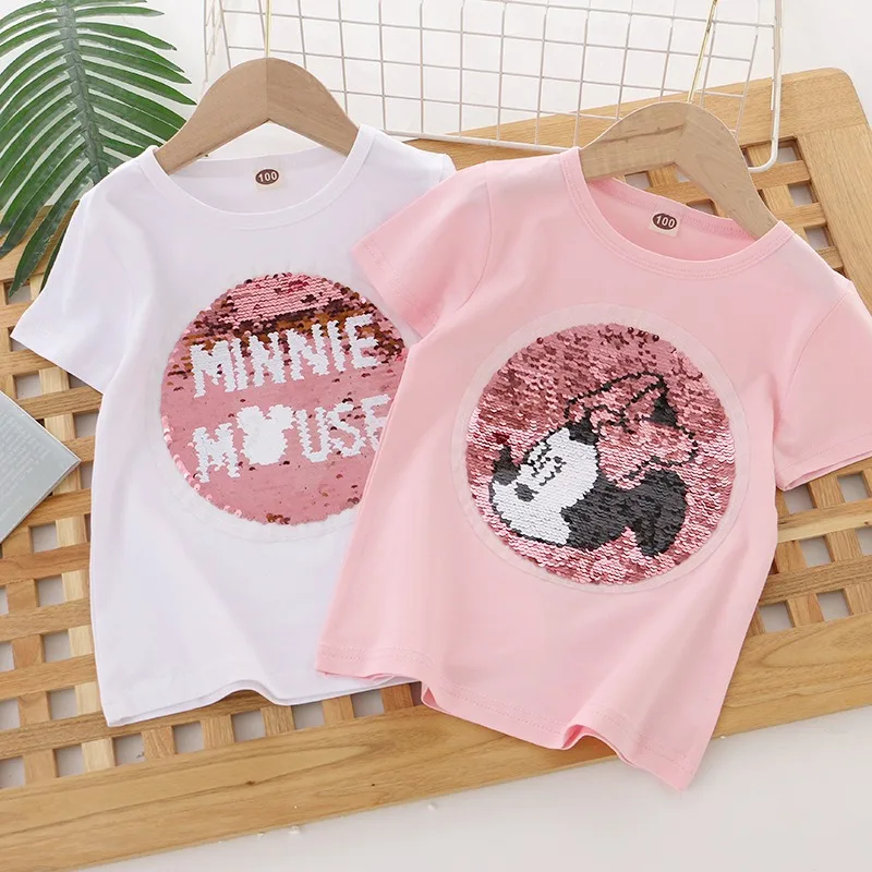 T-shirt de manga curta para meninas de 3 a 8 anos, roupas de verão algodão, a princesa Disney, minnie mouse trajes