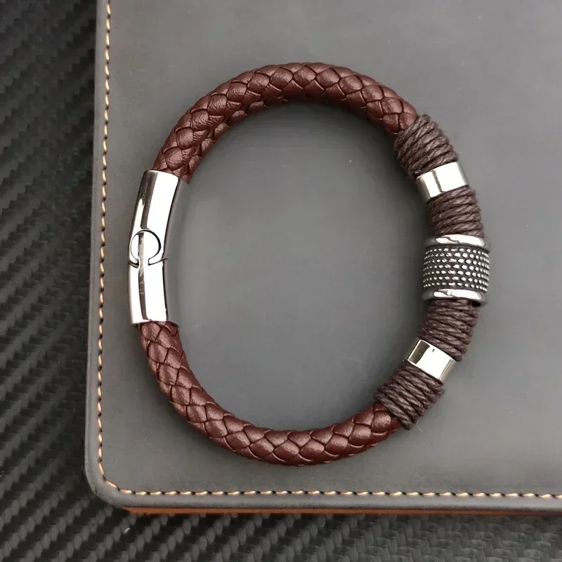 Luxury Vintage Multilayer Brown PU Leather Men Bracelet Bracelets Stainless Steel Jewelry Male Wrist Bangle Gift