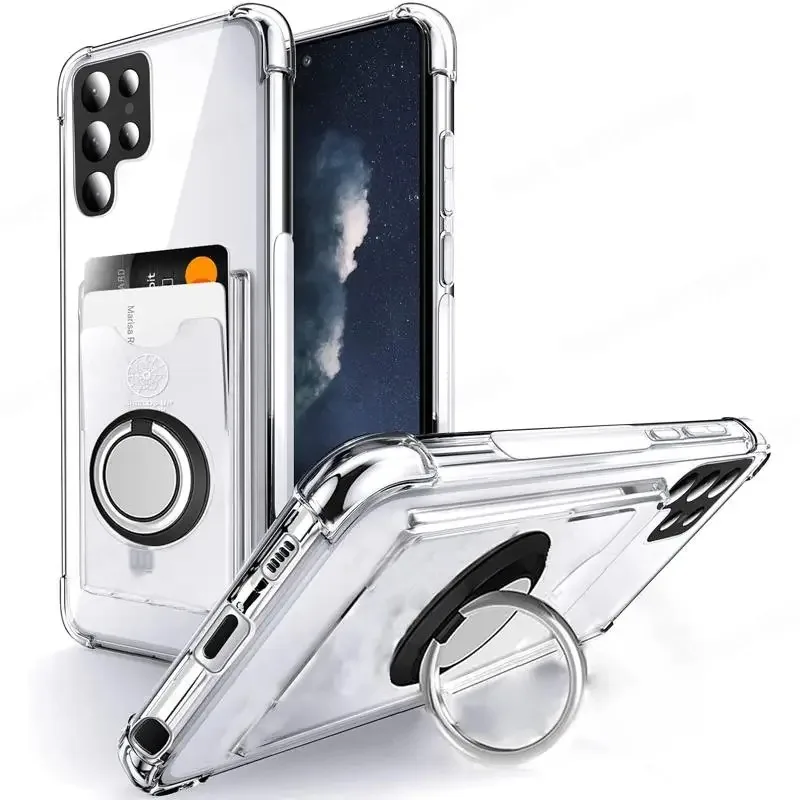 Soft Transparent Phone Case For Samsung S22 Ultra Magnetic Ring Holder Card Slot Cover For Galaxy S24 S23 S22 Plus Note 20 Ultra