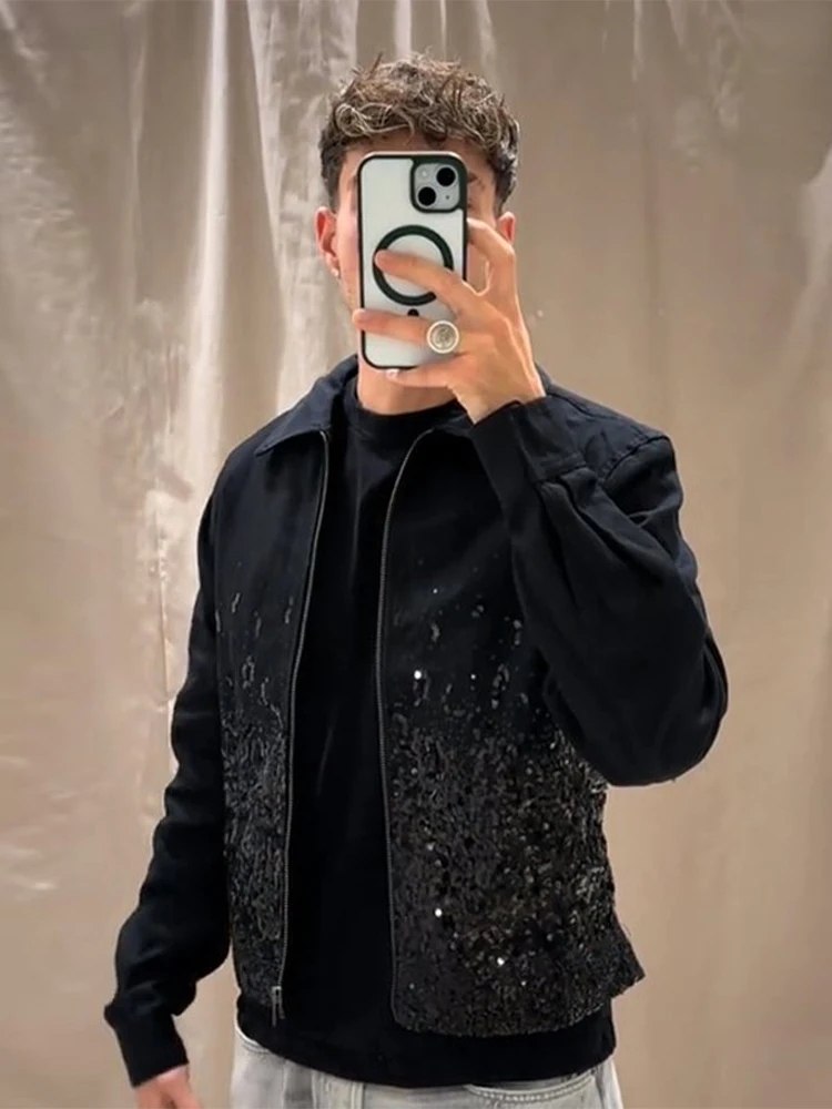Sequin Women's Coat Autumn Long Sleeve Zipper Turn-down Collar Casual Female And Male All-match Jacket Chic Streetwear 2026