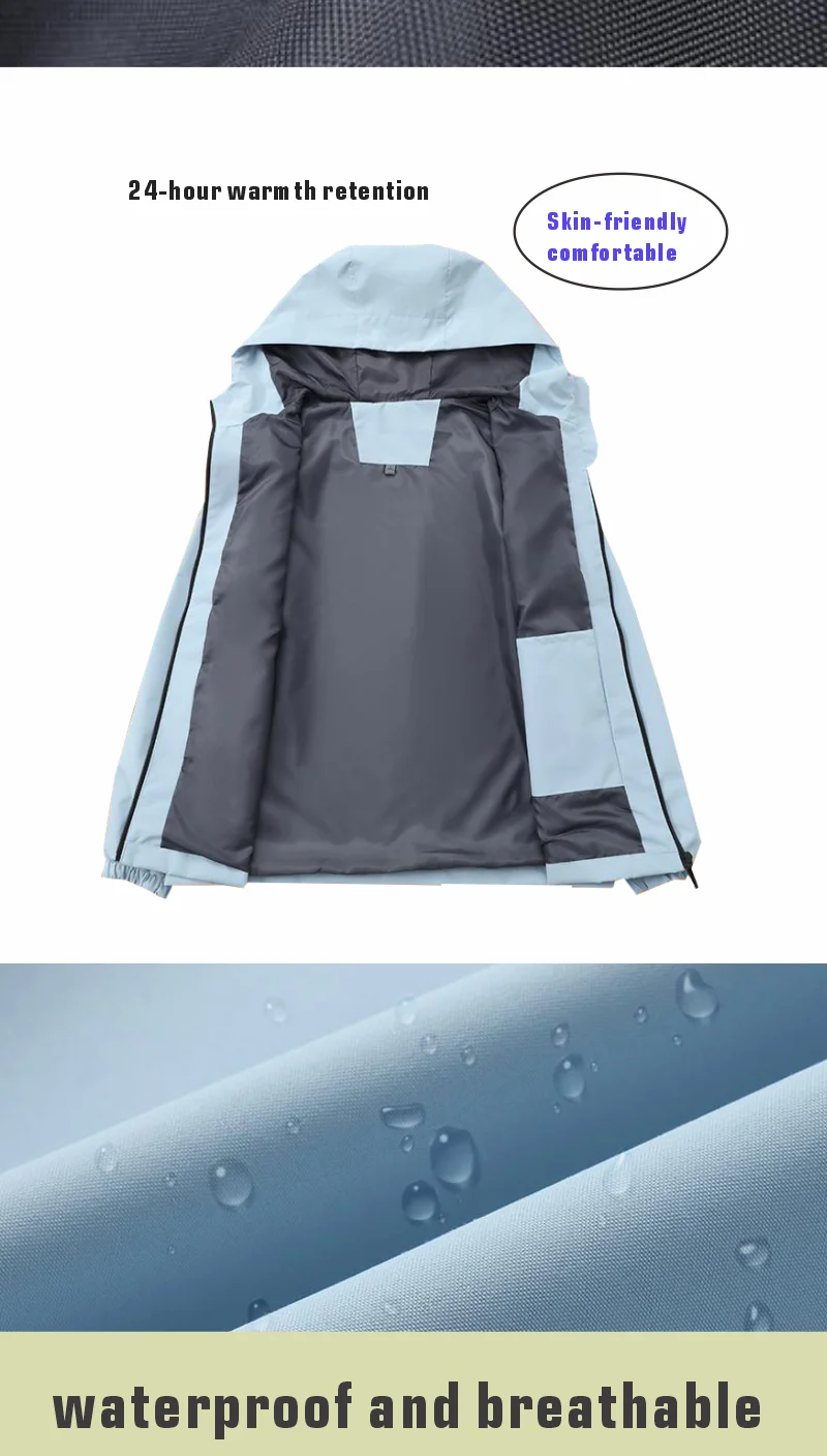 Wasserdichte Wanderjacken, doppelte Stoff-Windjacke, Kapuzenjacke, Schutz, Windjacke, Camping, Klettern, Unisex, Reißverschlussmäntel – Detail 3