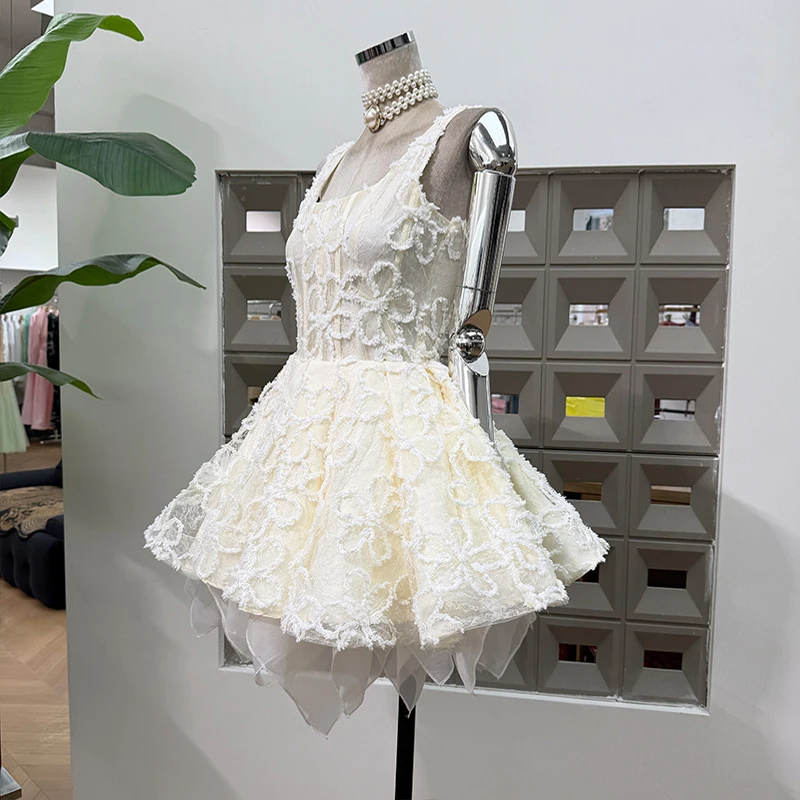 KBQ Abiti da festa con orlo in rete impiombato dolce senza schienale per donna Colletto quadrato senza maniche Patcwork Abito corto elegante floreale femminile