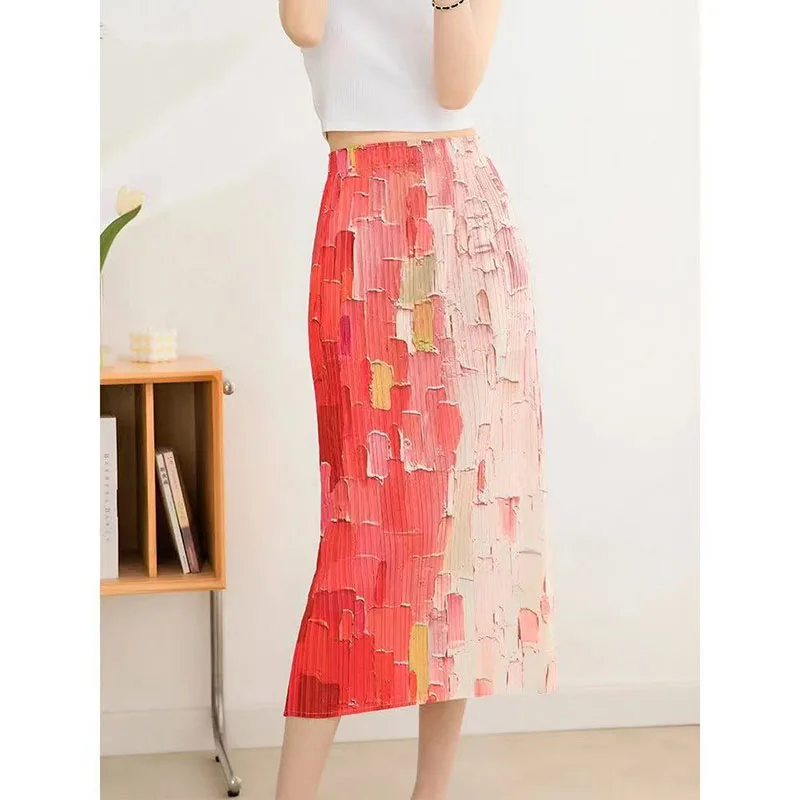 New 2026 Miyake Pleated Skirt Women's Spring and Summer High-end Gradient Print Fashion Casual Versatile Elegant Skirt