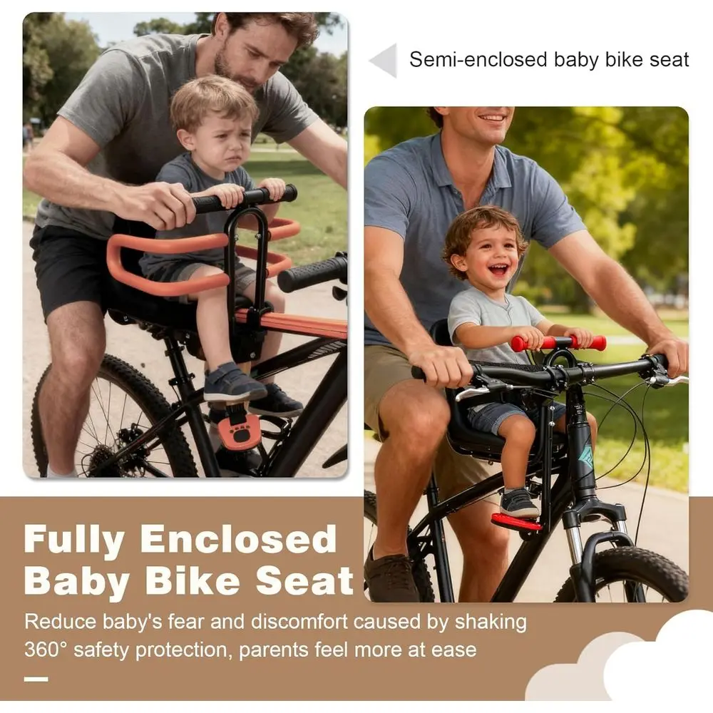 子供用フロントバイクシート、密閉型ガードレール、高さ調節可能、フットレスト、2～5歳向け、すべての大人用MTBに適合