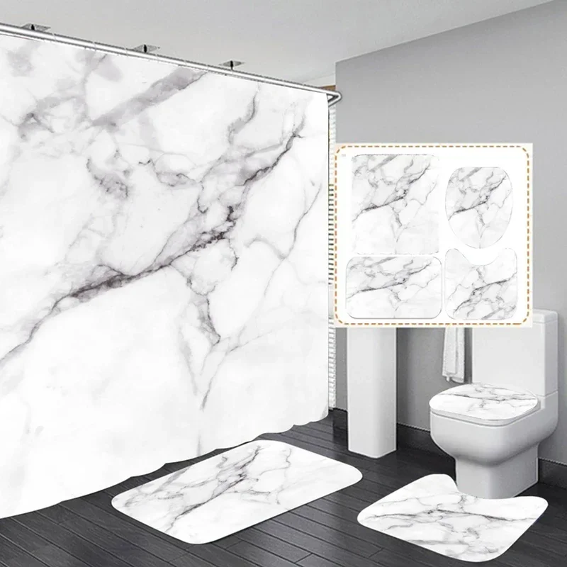 3D Marble Shower Curtain Set Non Slip Bath Rug Waterproof Bathroom  with Hooks Modern Style Toilet Lid Cover Home Decor