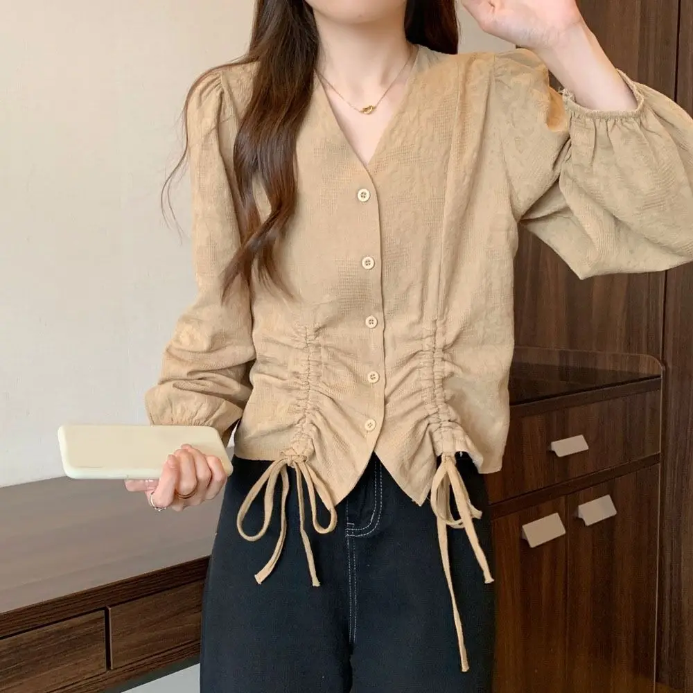 

Simple V-neck Lace-up Drawstring Blouse Loose Irregular Long Sleeve Shirts Autumn Spring Retro Ladies Shirt Top Office