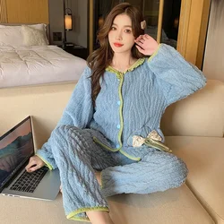 5XL Large Size Homewear Women's Sweet Thickened Winter Warm Home Clothes Flannel Long Sleeve Cardigan Pants 2 Piece Set Pajamas