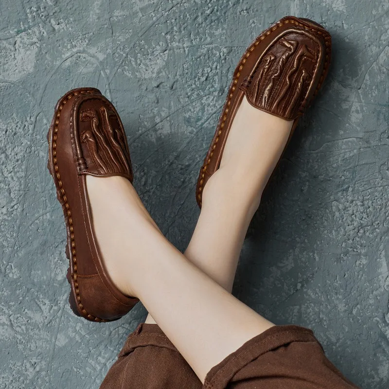 

Birkuir Retro Sewn Slip On Shoes For Women Genuine Leather Casual Spring Shoes Round Toe Loafers Flats Soft Soles Lazy Shoes