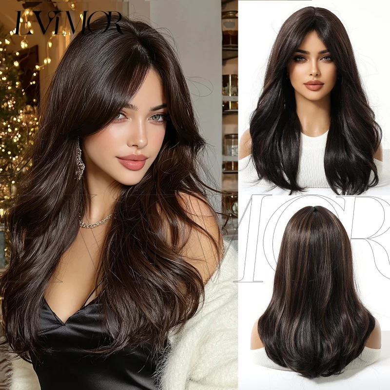 Long wavy curly hair for women, full head cover, dark brown highlights, naturally voluminous, popular style wig