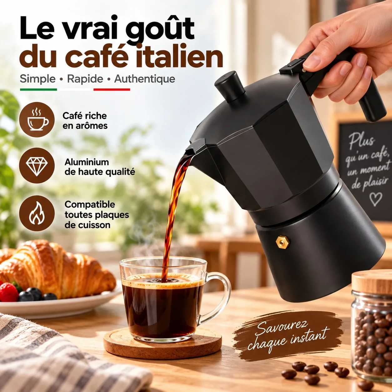 Cafetera italiana Moka para 6 tazas, de metal y aluminio, de diseño tradicional, ideal para preparar café espresso en todo tipo de estufas. Dimensiones: 16,3 x 10 x 18 cm.
