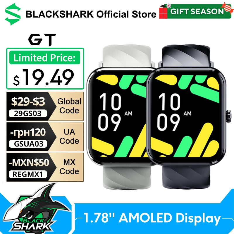 Global Version Black Shark GT SmartWatch BT Calling Health Monitoring 1.78 AMOLED Screen 10 Days Battery Life 100+ Sport Modes