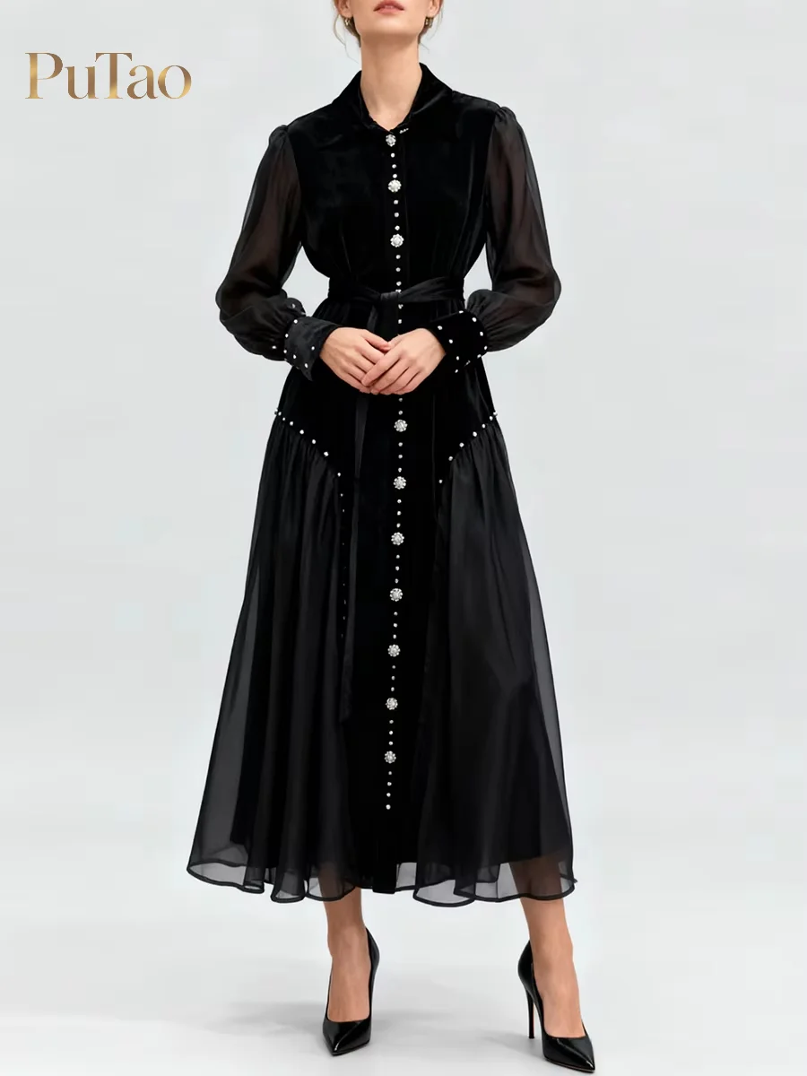 Putao Velvet Sheer Sleeve Evening Gown Sparkly Pearl Buttons Decor Adjustable Waist Belt Full Cover Flowy Midi Formal Dress