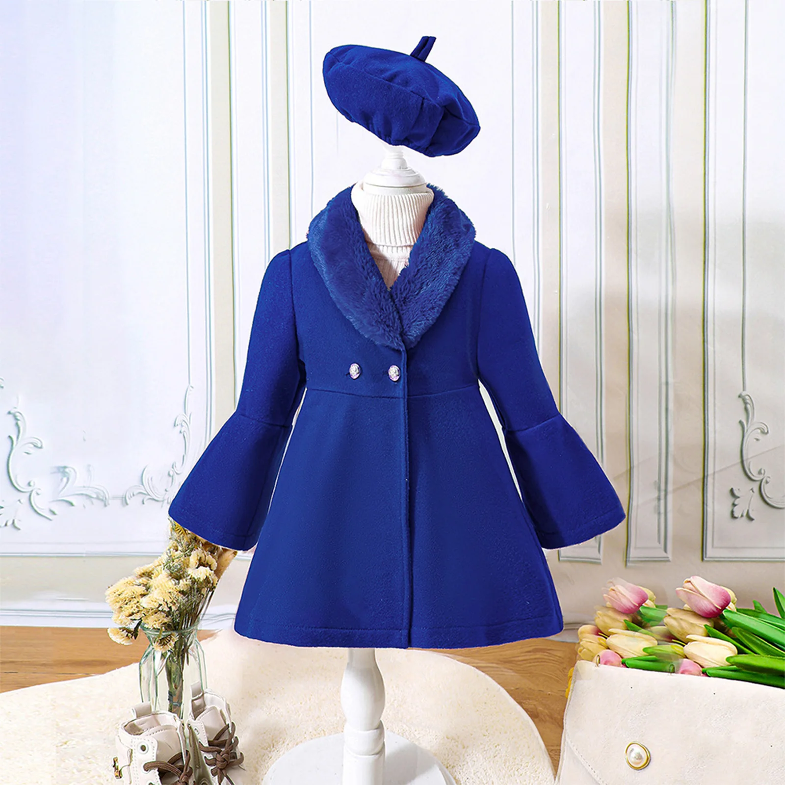 Kids Girls Winter Warm Woolen Blend Overcoat Toddler Furry Collar Long Flare Sleeve Coat Birthday Party Outerwear with Beret Hat