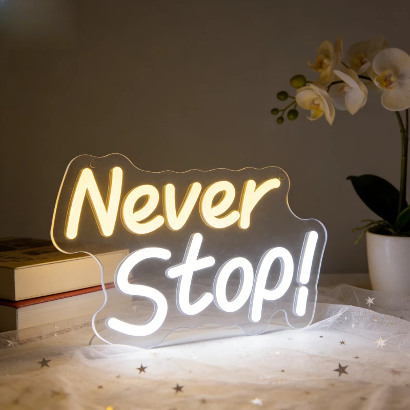 ネバーストップledネオンサイン、インスピレーションを与えるモチベーションを高めるウォールアート、自宅、オフィス、寝室の装飾、モダンな照明、雰囲気のあるギフト