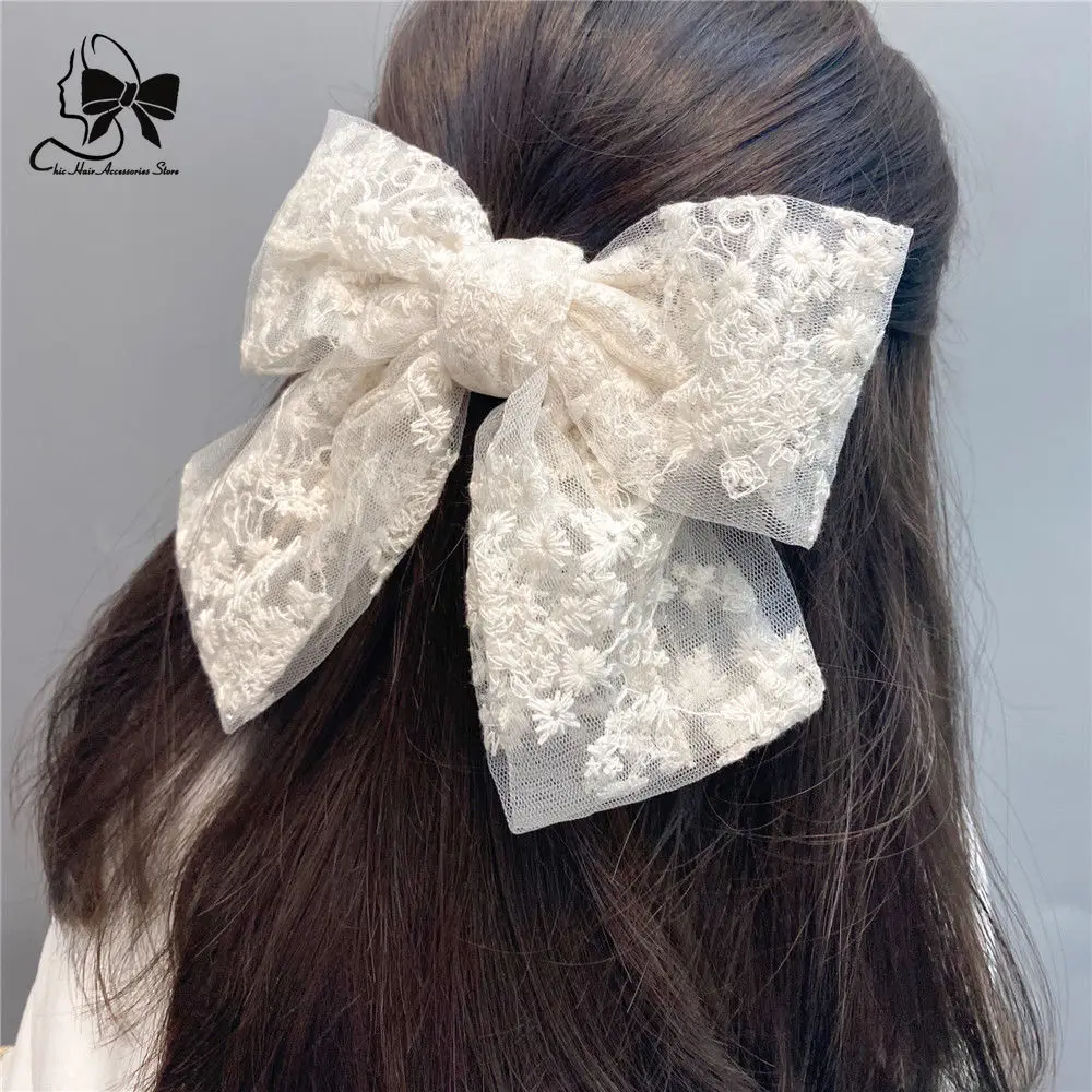 New Lace Bow Hairpin Embroidered Sweet Temperament Fairy Streamer Spring Clip Internet Celebrity Girl Headpiece Hairpin