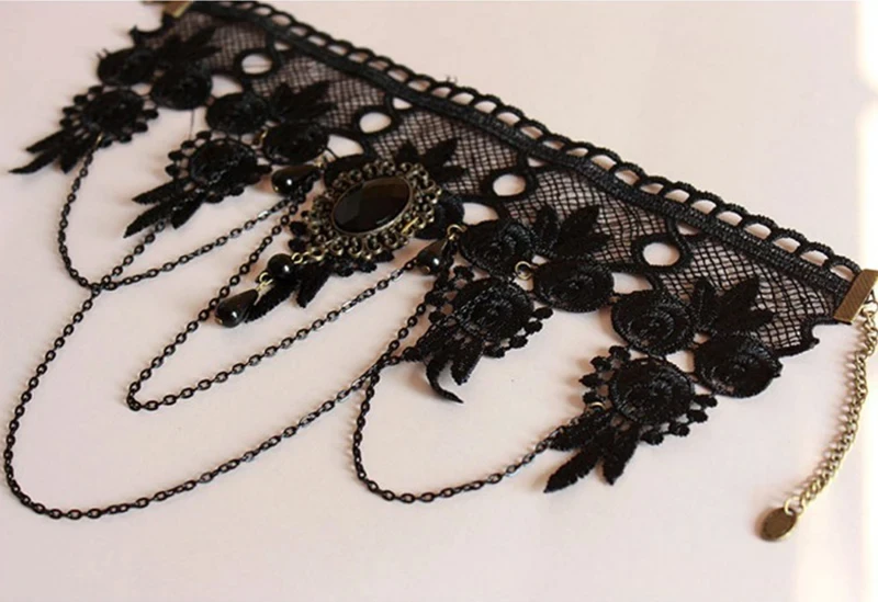 Fashion Gothic Victorian Crystal Tassel Tattoo Choker Necklace Black Lace Collar Vintage Women Wedding Jewelry