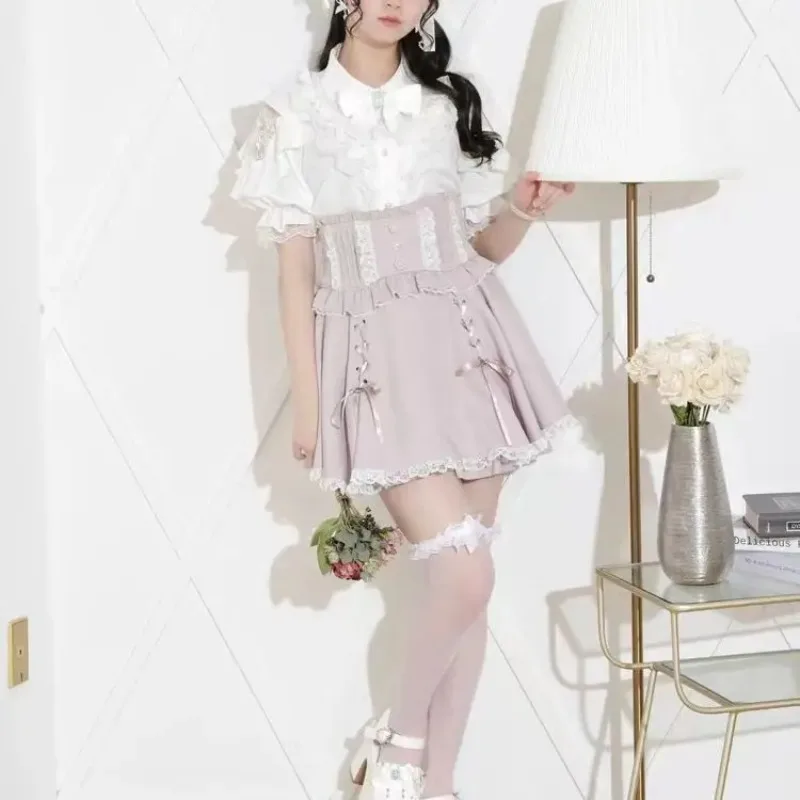 Nowa bluzka damska w stylu Y2K, urocza, japońska kokarda, koronka, falbanki, odkryte ramiona, elegancka, rękaw 3/4, słodkie topy, codzienne koszule estetyczne.