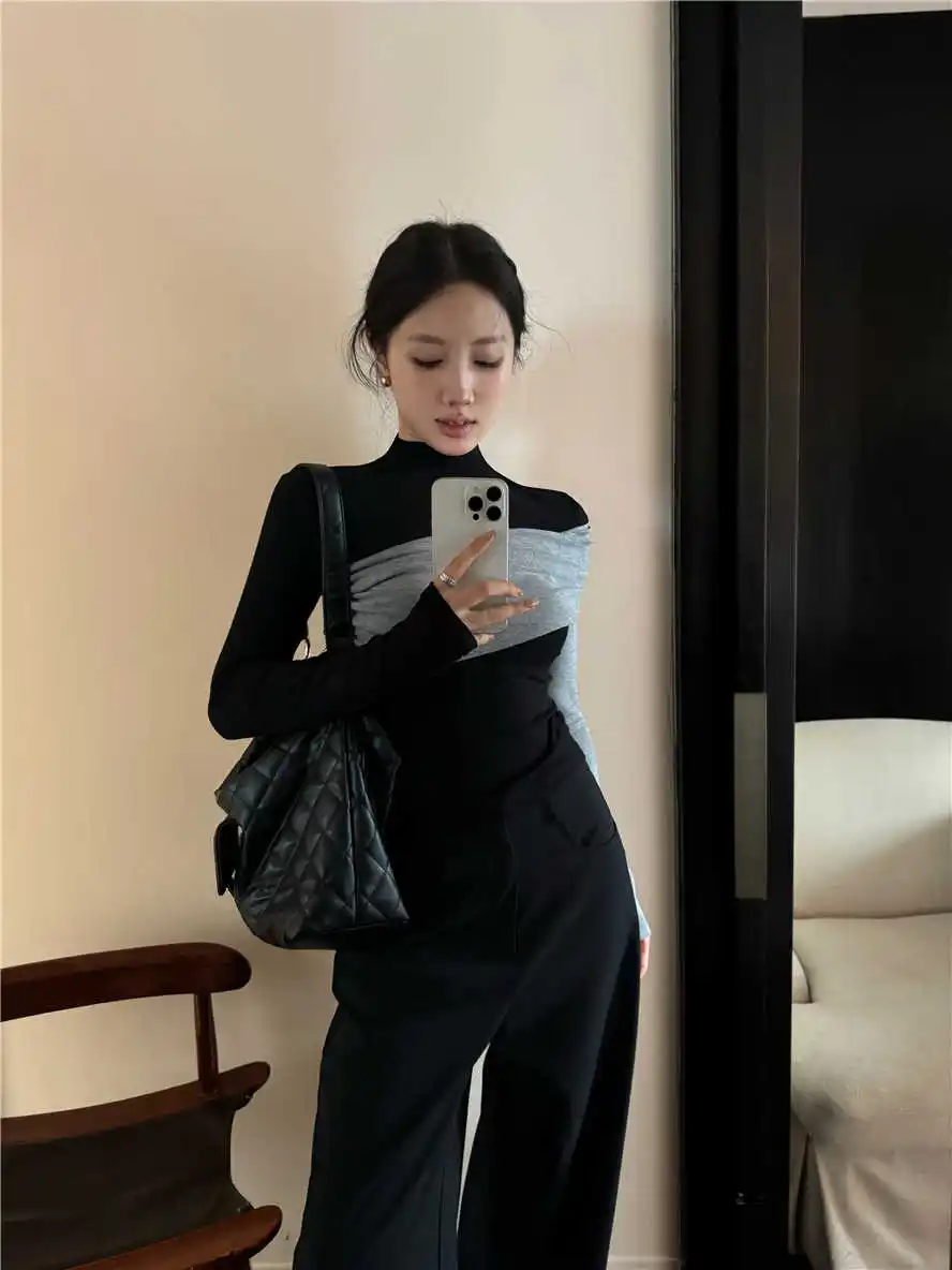 Fall Winter Women French Vintage T-Shirts Old Money Tees Contrast Color Long Sleeve Tops 2000s Aesthetic Design Turtleneck Tide