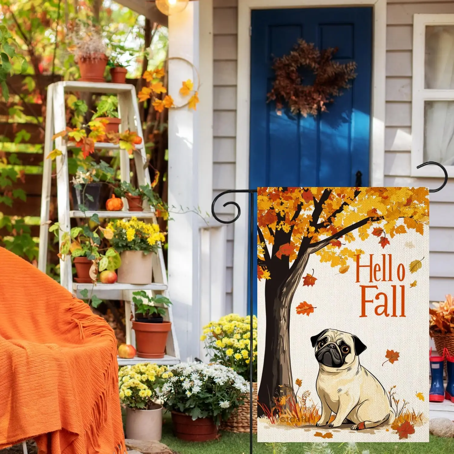 Hello Fall Maple Leaves Pug-Dog Autumn Garden Flag Yard Flag 12x18 Inch Double Sided Small Mini Yard Outdoor Outside Farmhou yyi