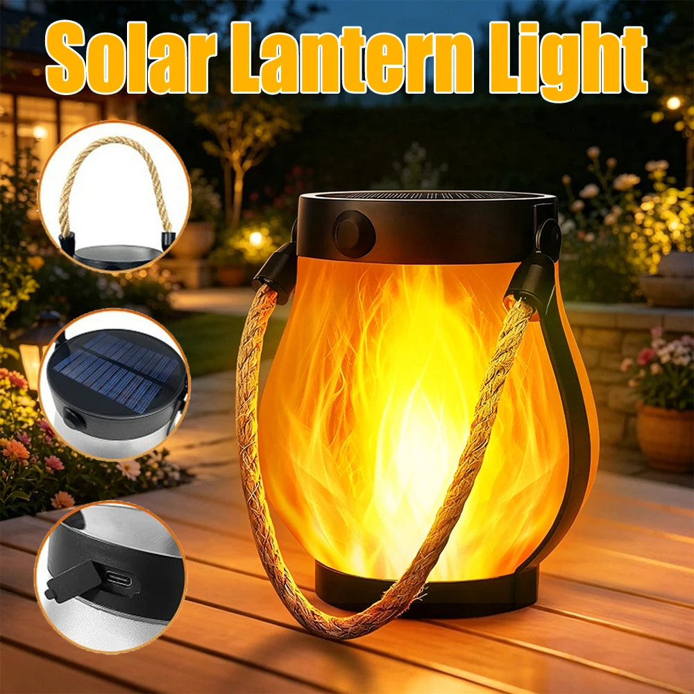 

Solar Flickering Flame Lantern Light Type-C Fast Charging Waterproof Hanging Lamp with 3D Flame for Garden Patio Camping Decor