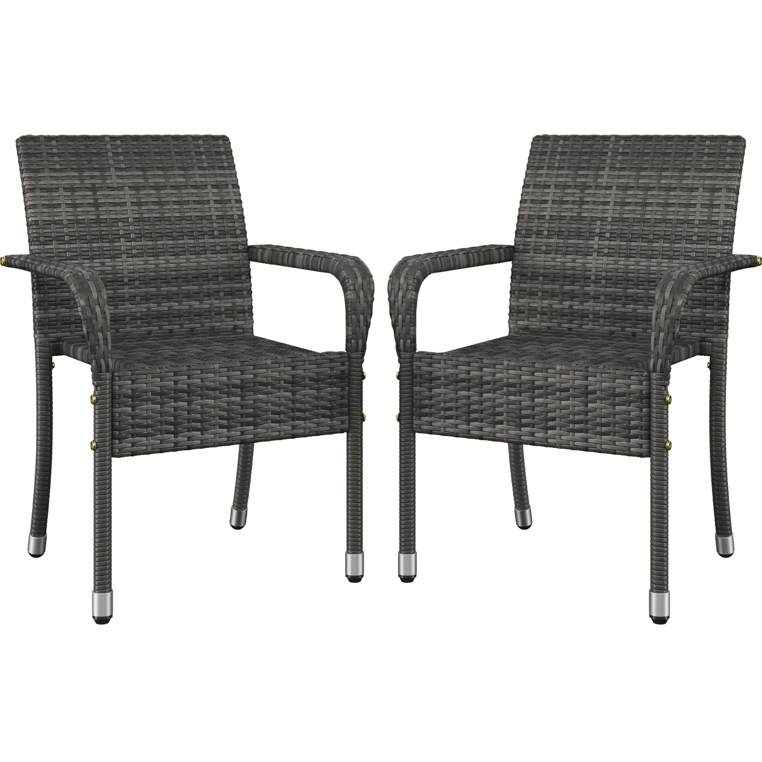 Set of 2 Stackable Outdoor Rattan Dining Chairs, All-Weather Firepits Armchair w/Armrests, Steel Frame for Garden