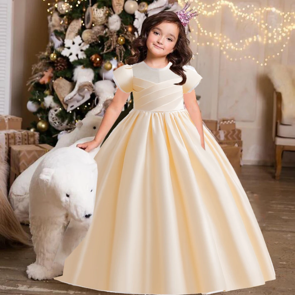 Teens Satin White Bridesmaid Girl Dress Short Sleeve Birthday Party Wedding Princess Kids Dress for Girl Birthday Gown 10 14 Yrs