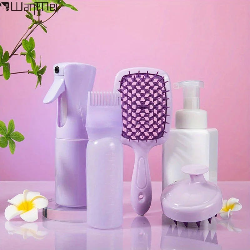 

WANMEI 4pcs Scalp Massage Comb Purple Hollow Out Comb Shampoo Massage Brush Bath Hair Washing Spray Bottle Salon Hairdressing