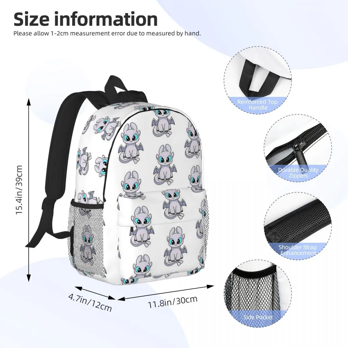 Light Fury Toothless Printed Lightweight Casual Schoolbag For School, Outdoor, Shopping, Office 15inch