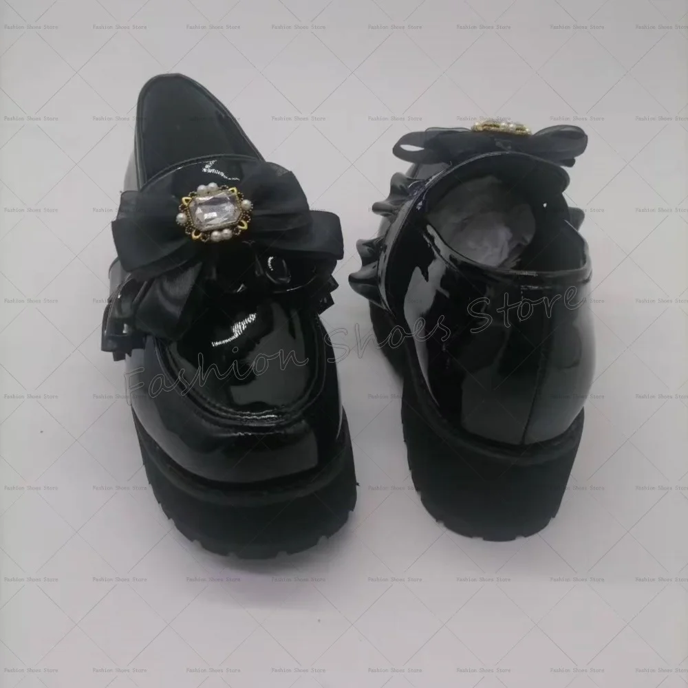 Nodo con fiocco nero Décolleté con punta tonda Décolleté in pelle verniciata Tacchi alti robusti Scarpe con tacco alto per donna Tacchi 2025 Nuovi Zapatos Para Muje