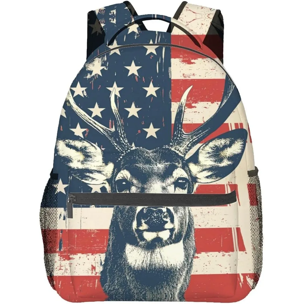 

Deer American Flag Backpack Travel School Bookbag for Women Kids Boys Girls Patriotic Wildlife Back Pack Accessories Bags