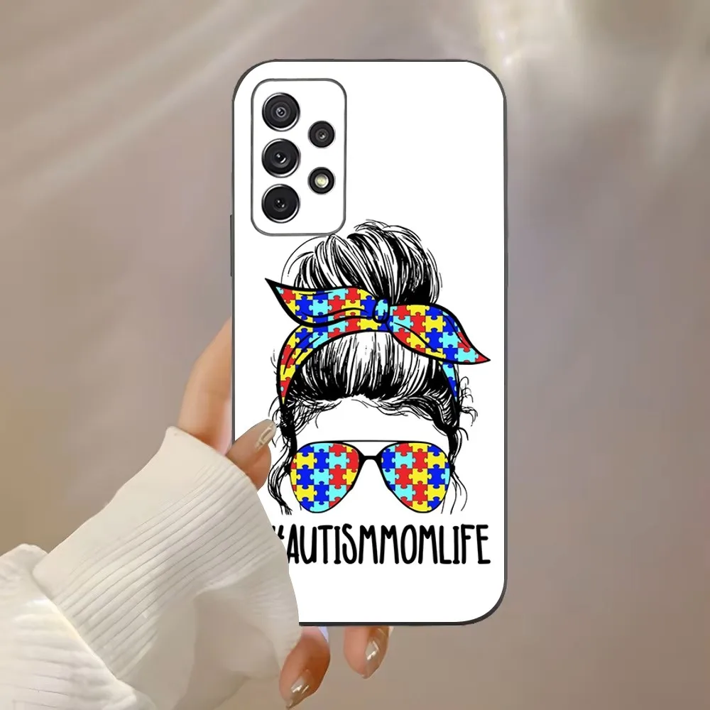 Autism Support Puzzle Phone Case For Samsung Galaxy A91,A80,A73,A72 ,A71,A53A52,A32 ,A31A22,A21s,A20,Black Cover