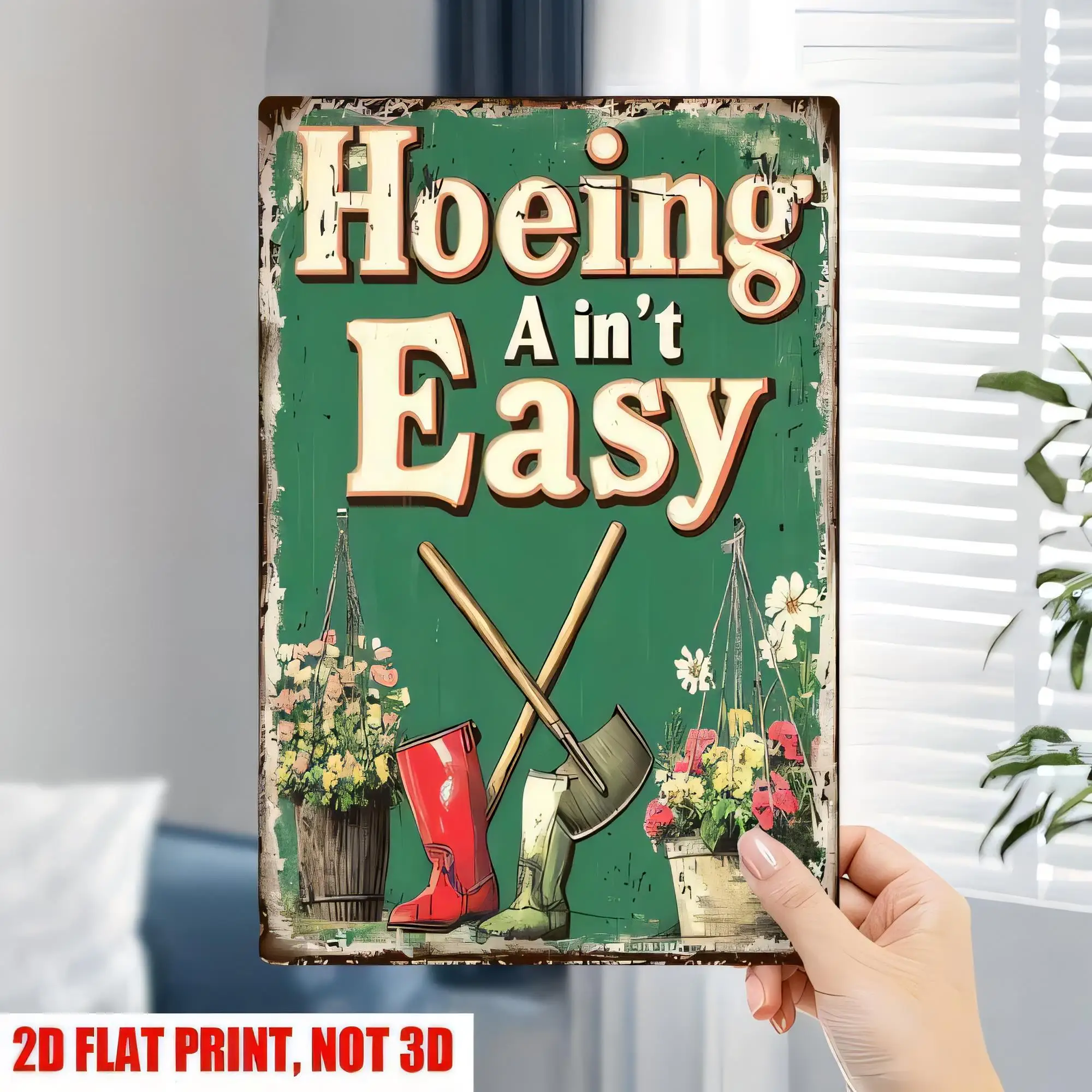 Tin Sign “Hoeing Ain’t Easy” Rustic Farm Garden Metal Wall Decor, Vintage Distressed Green Watering Can & Flowers, Funny Farmhou