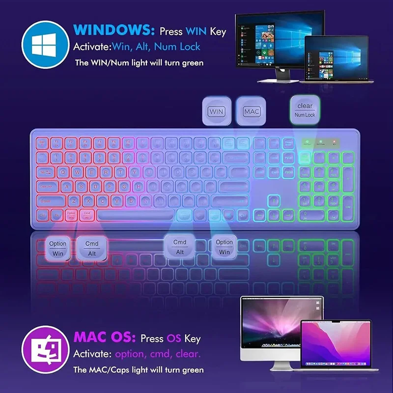 RGB Backlit Rechargeable & Light Up Letters Full-Size Ergonomic Tilt Angle Sleep Mode 2.4GHz Quiet Purple Keyboard Mouse