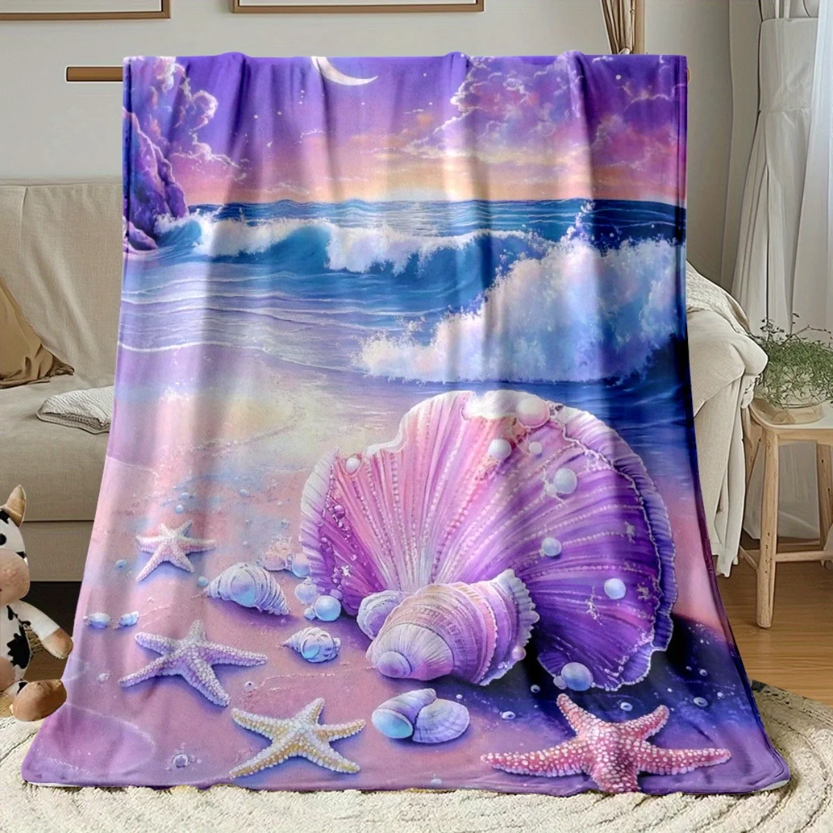 

Dreamy Ocean Shell Flannel Blanket Purple Sunset Beach Scene Sea Star Seashell Art Decor Soft Warm Throw Cover for BedSofaLiving