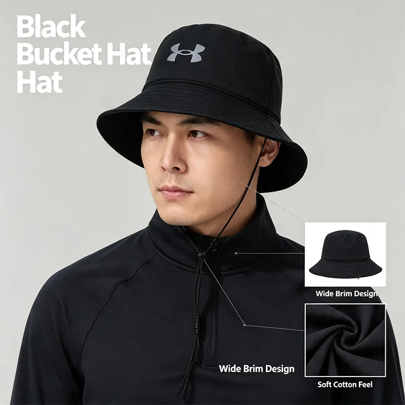 Under New Armour Black Bucket Hat Wide Brim Soft Cotton Sun Protection Hat for Everyday Outdoor Casual Streetwear