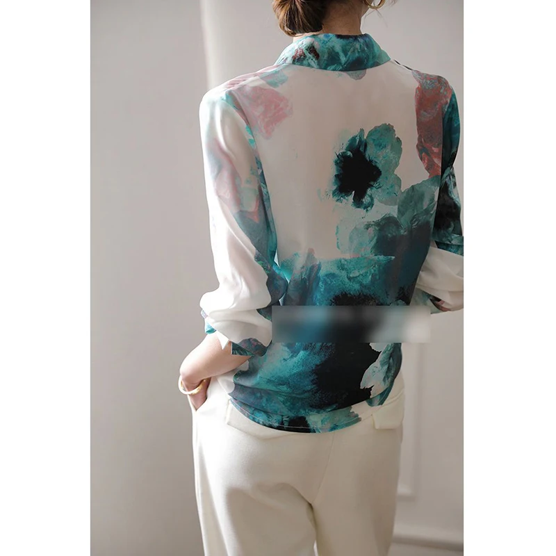 Spring Autumn Y2K Polo-neck Fashion Gradient Print Dyeing Buttons Chiffon Shirt Ladies Long Sleeve Elegant Blouse Female Clothes