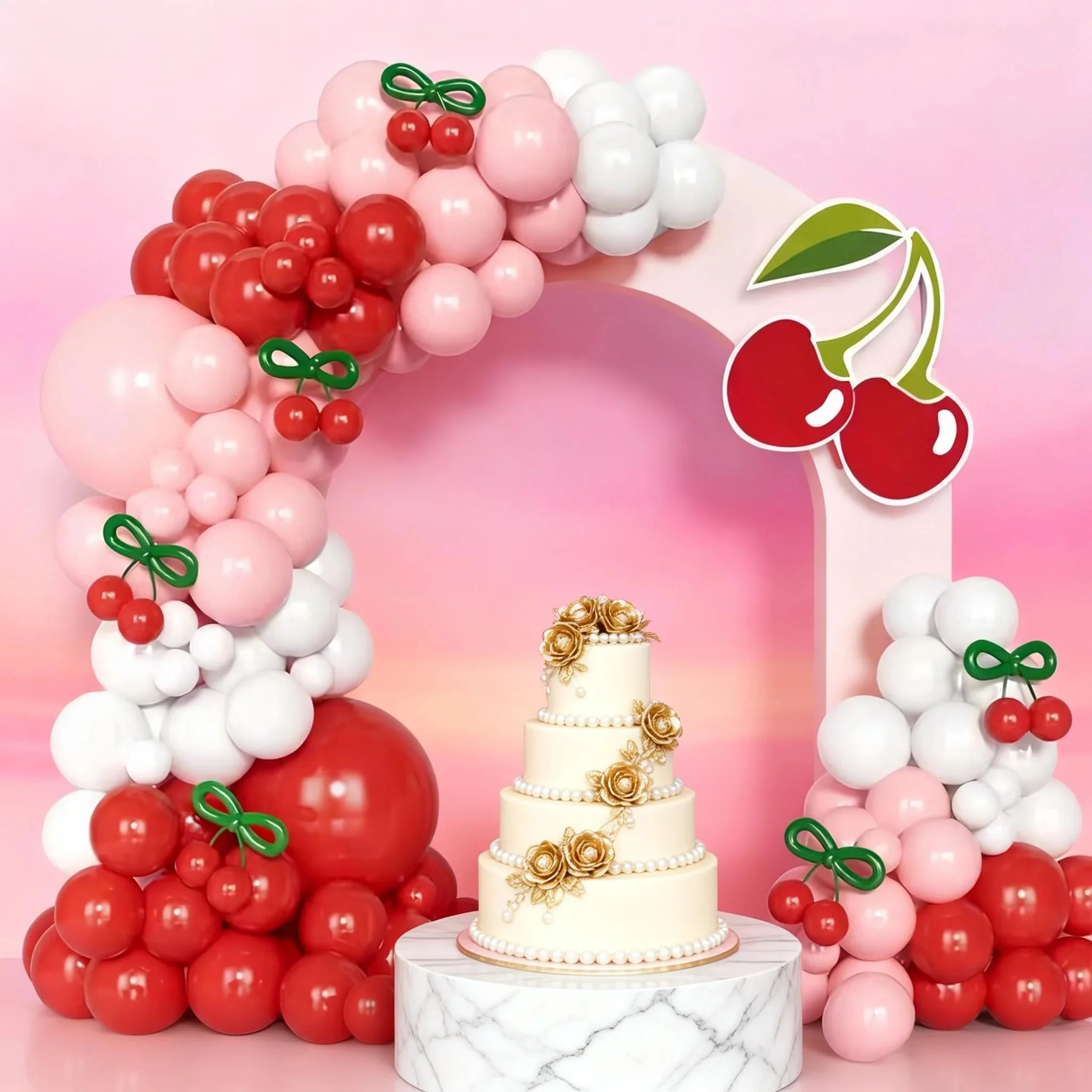 151-Piece Cherry Balloon Garland Arch Kit, White/Red Balloon Decorations, Suitable for Princess Birthday Parties, Showers, Weddings, Valentine's Day, Bridal Showers - Cherry Theme Party Decorations for Girls and Kids