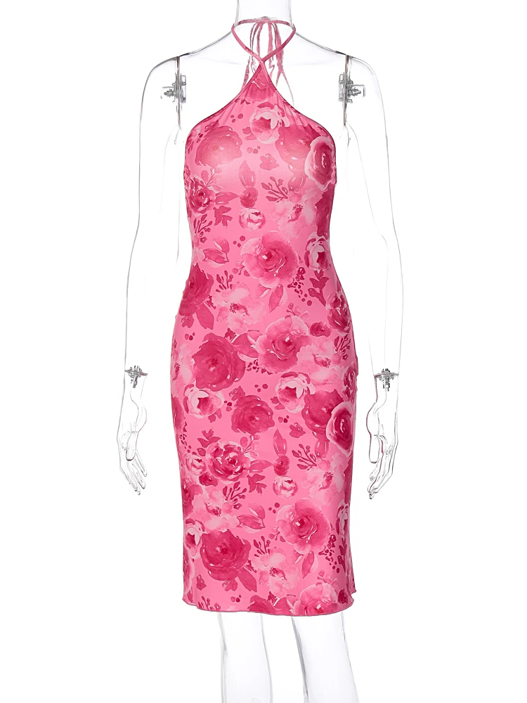 Dulzura rosa impressão rendas até halter mini vestido feminino bodycon sexy sem costas vestido floral roupa de festa elegante roupas de aniversário y2k