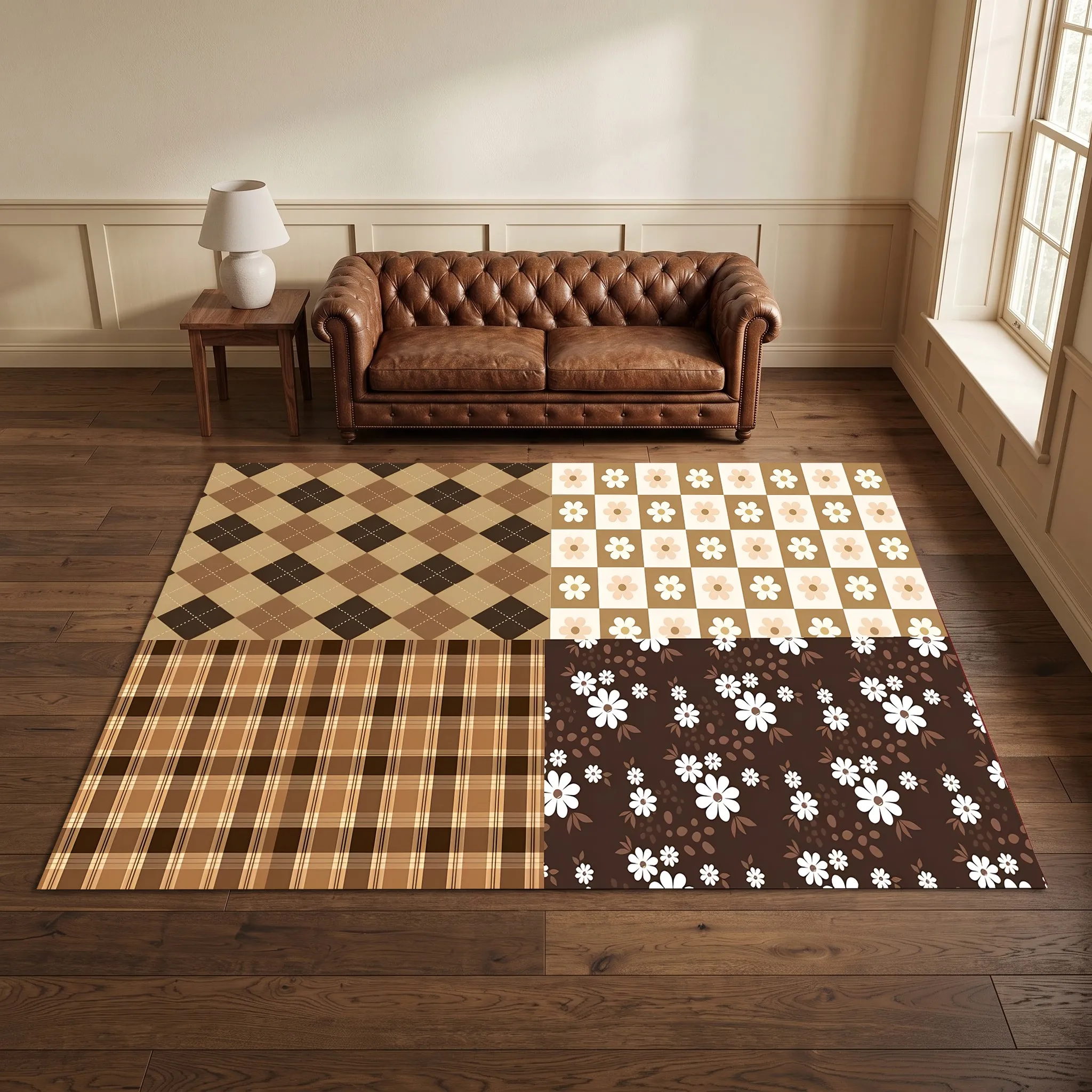 Diamond Checkered Daisy and Dark Floral Retro Maillard Velvet Rug for Christmas, New Year, Living Room, Bedroom, and Bedside