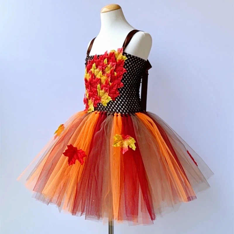 Fall Autumn Girls Tutu Dress Kids Maple Leaves Dress Up Halloween Costume Fancy Birthday Party Carnival Thanksgiving Clothes