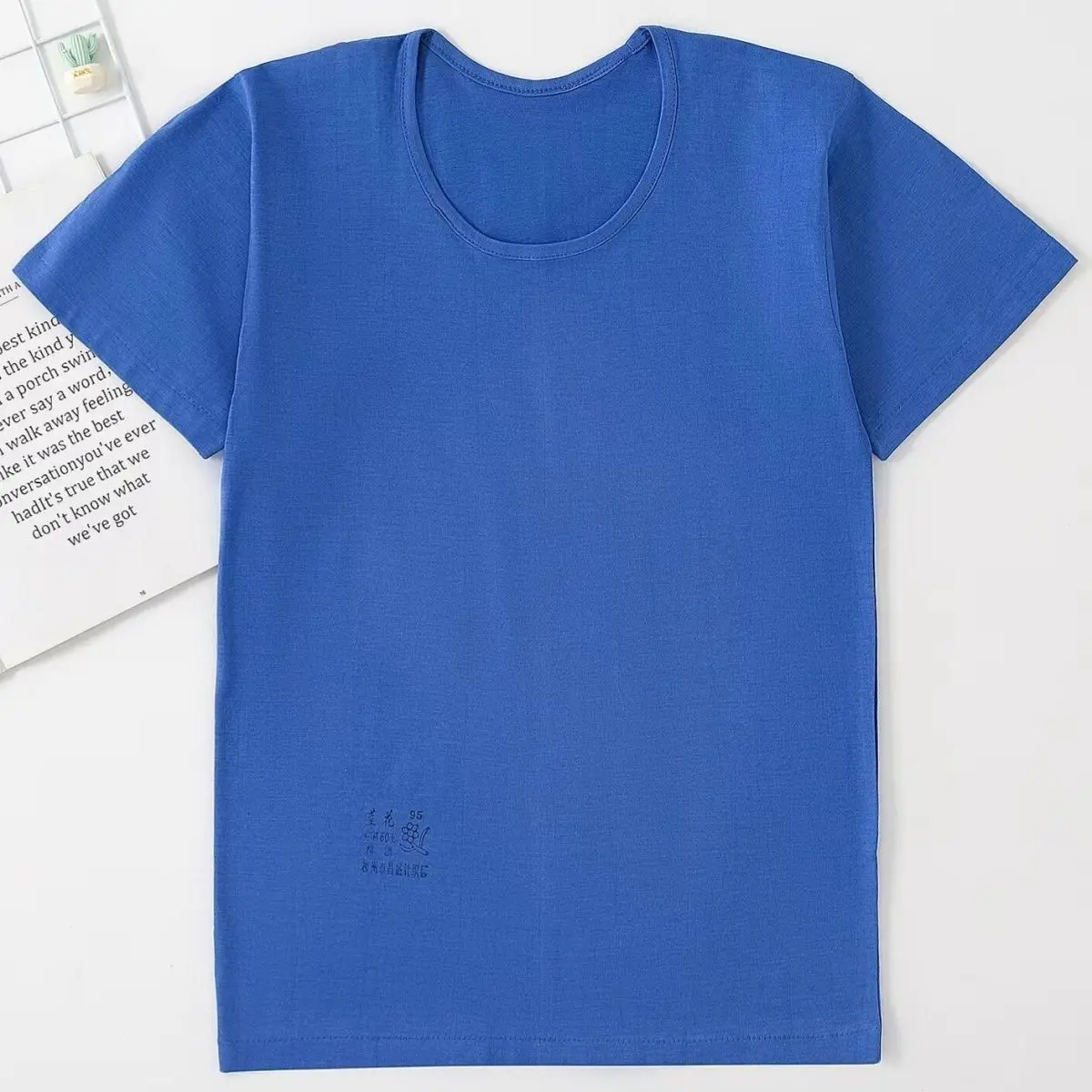 Blue Flower Brand Short Sleeve Sweatshirt Round Neck Underwear Solid Color Simple Homestyle Loose Fit Thin Style