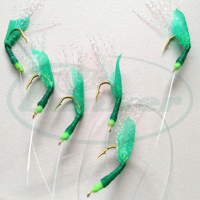 Lunker Sabiki Rig Green Rubber Hooks with Thread Flasher Lumo Glow Coating