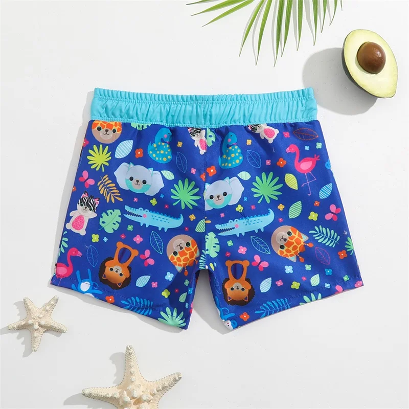 Little Boy Swimsuit  Blue Shorts  Cartoon Animal Print Swimsuit  Drawstring  Flat Angle Hot Spring Beach Swimsuit