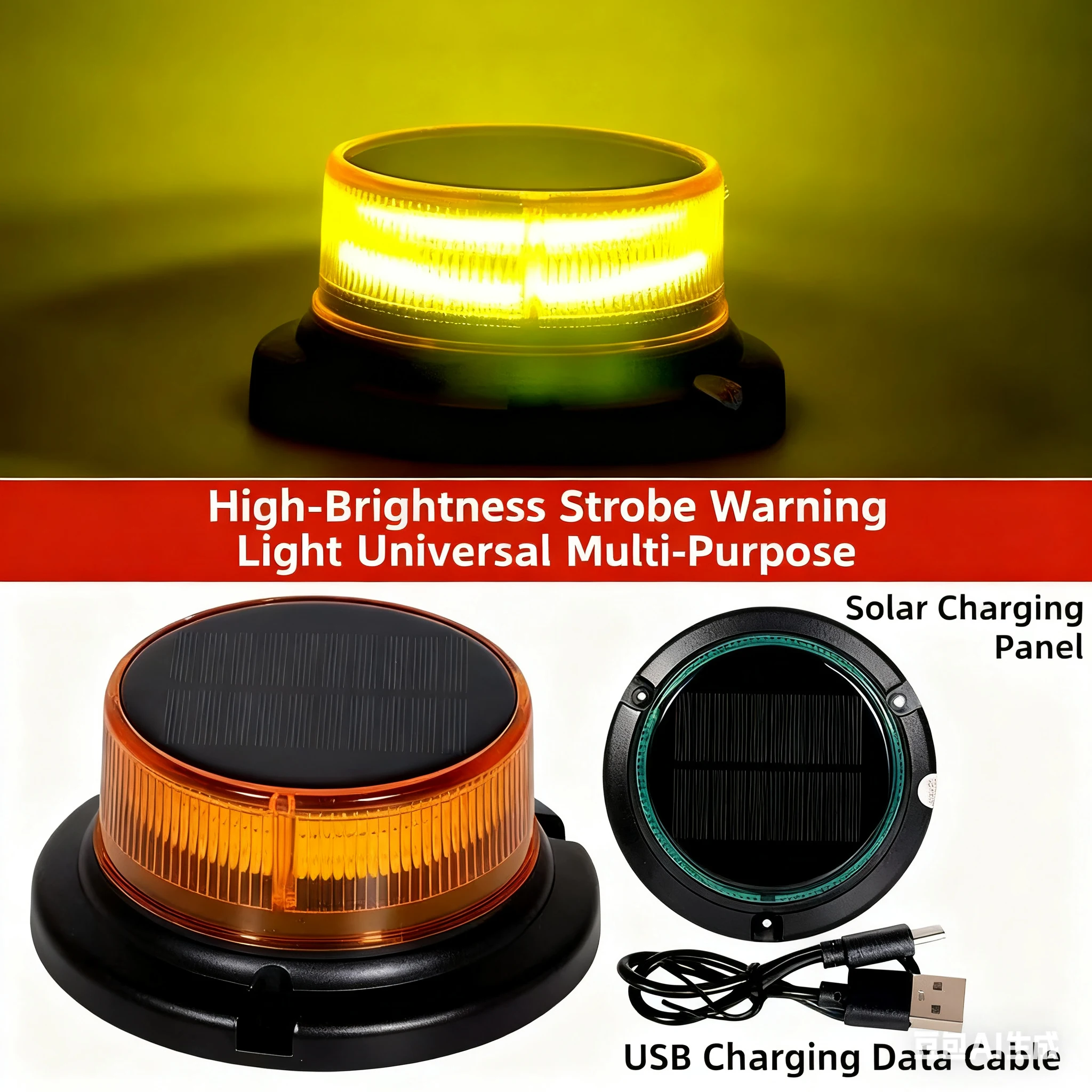 

2026 1 LED Solar Magnetic Flash Warning Light Night Flashing Lamp USB charge Car Truck Roof Beacon Strobe Emergency Light