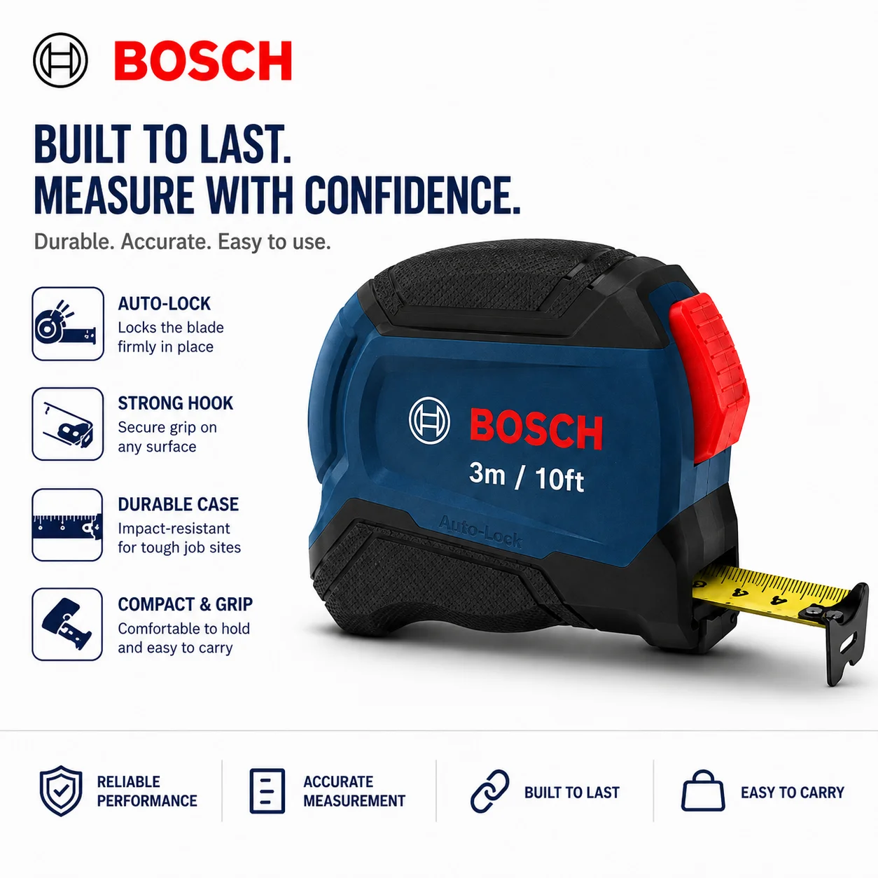 BOSCH 3m Tape Measure 19mm Auto Lock Double Sided Measuring Tape Nylon Coated Class II Hand Measuring Tool for Home DIY