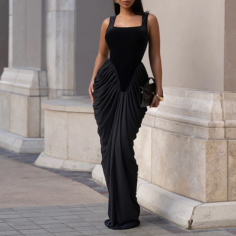 

OMSJ элегантные вечерние бархатные лоскутные платья для женщин без рукавов с квадратным воротником, облегающие однотонные платья с рюшами и запахом, Vestidos