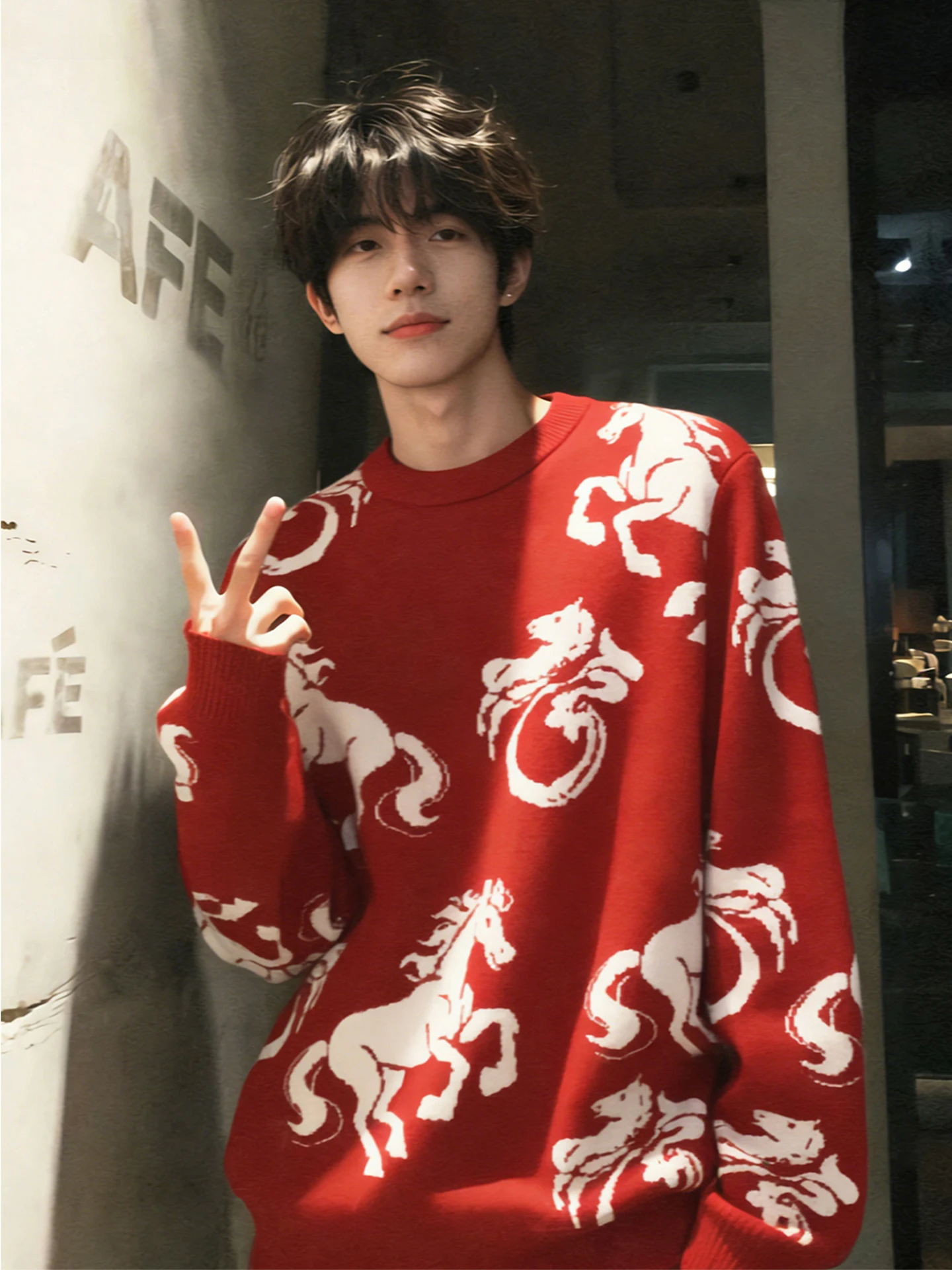 

Red Cisas Knitwear Men's round Ne Heavyweight Winter Faion Match Year of the Chinese Zodiac Print Casual Sle