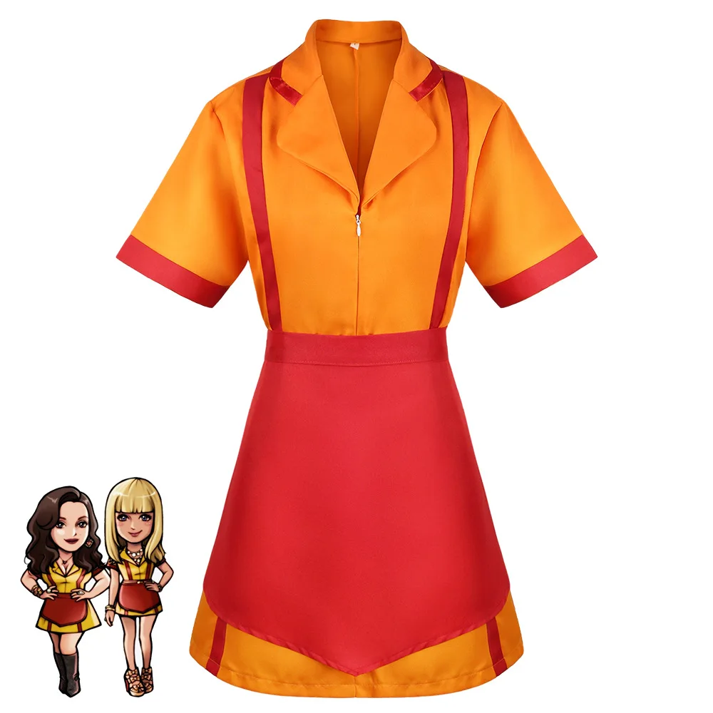 

Manga Bar Waiter Cosplay Costume for 2 Broke Girls MAX Black&Caroline Halloween Outfits Suits with Apron