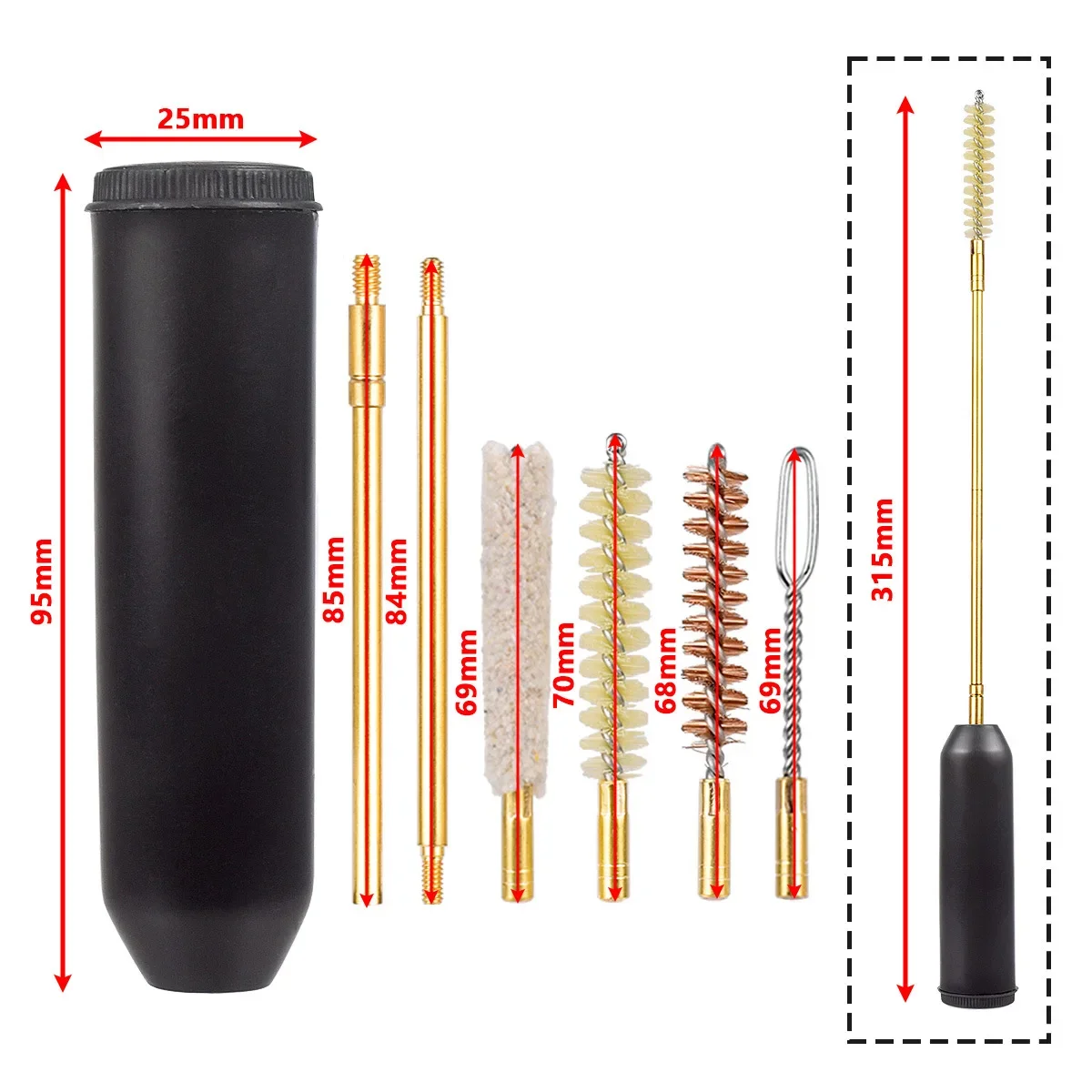 7個入り Cal.38/357/9mm ピストル清掃キット おもちゃ銃用ロッドブラシ プロ仕様清掃ツールセット
